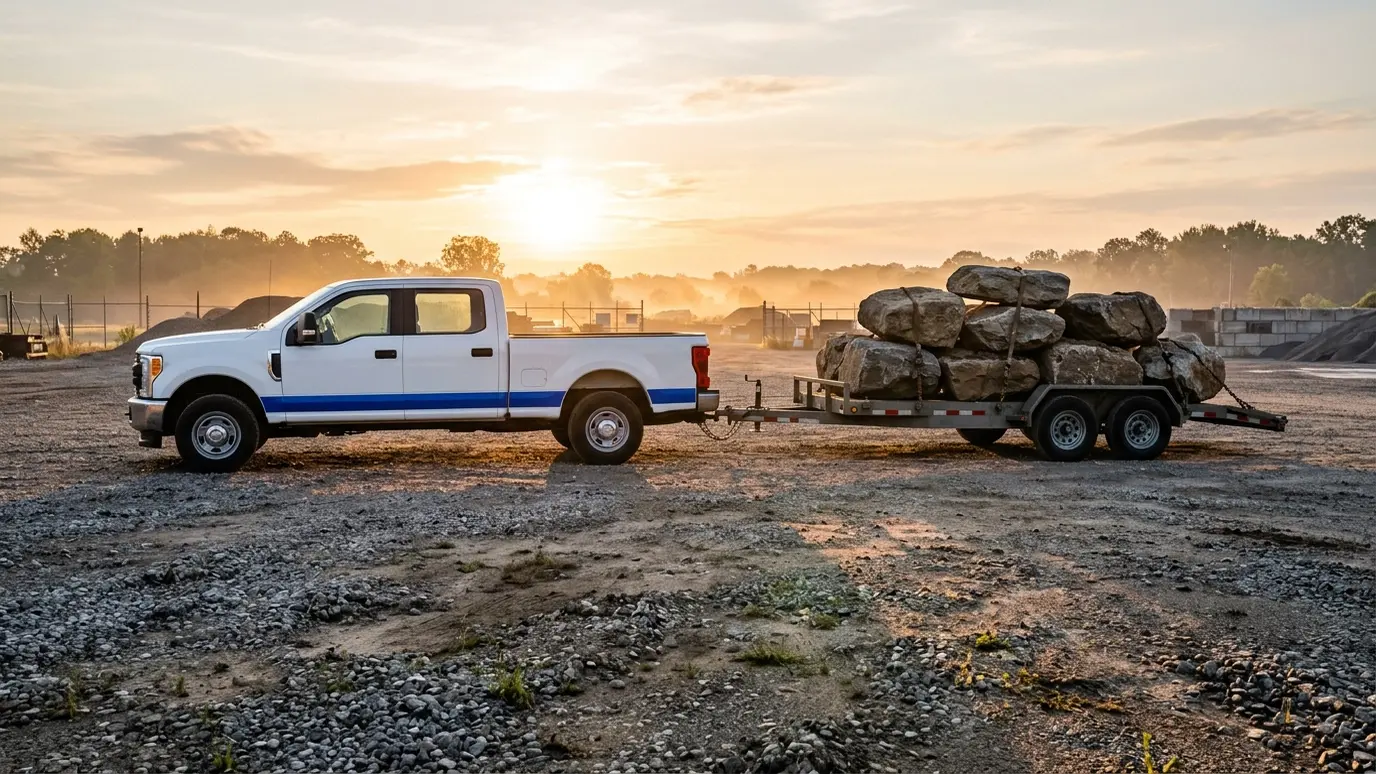 About Music City Water Features A white work truck with a blue stripe and no lettering towing a trailer stacked with natural boulders, parked on a gravel yard at sunrise