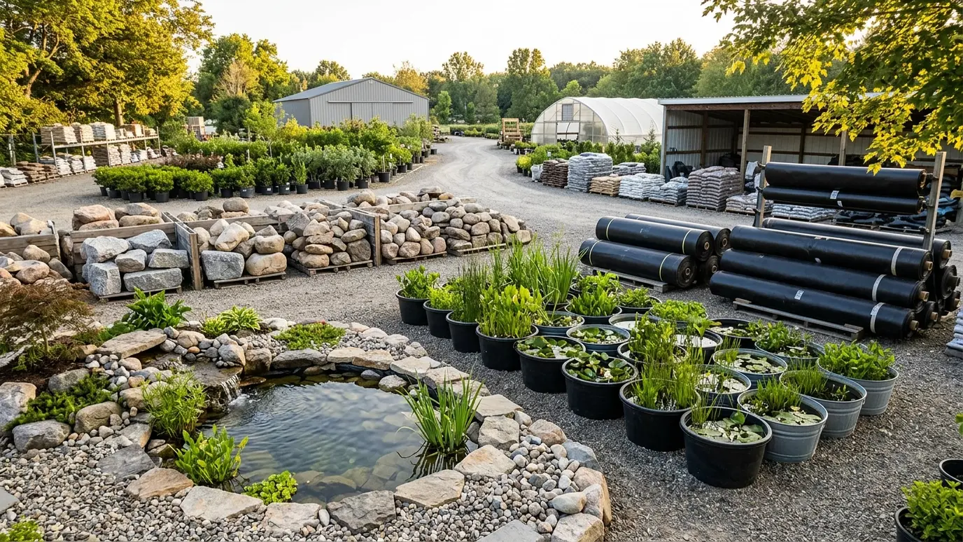A tidy nursery and supply yard with stacked boulders, aquatic plants in tubs, pond liner rolls and a small display pond in warm light