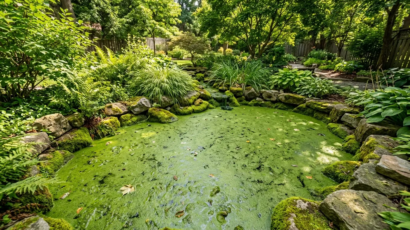 Before: a backyard pond with thick green algae covering the water and rocks