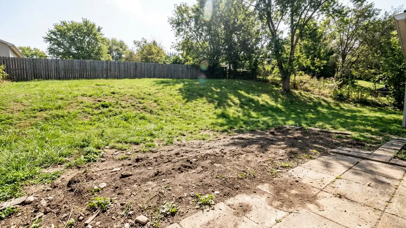 Before: a grassy backyard slope beside a patio with bare soil and no landscaping