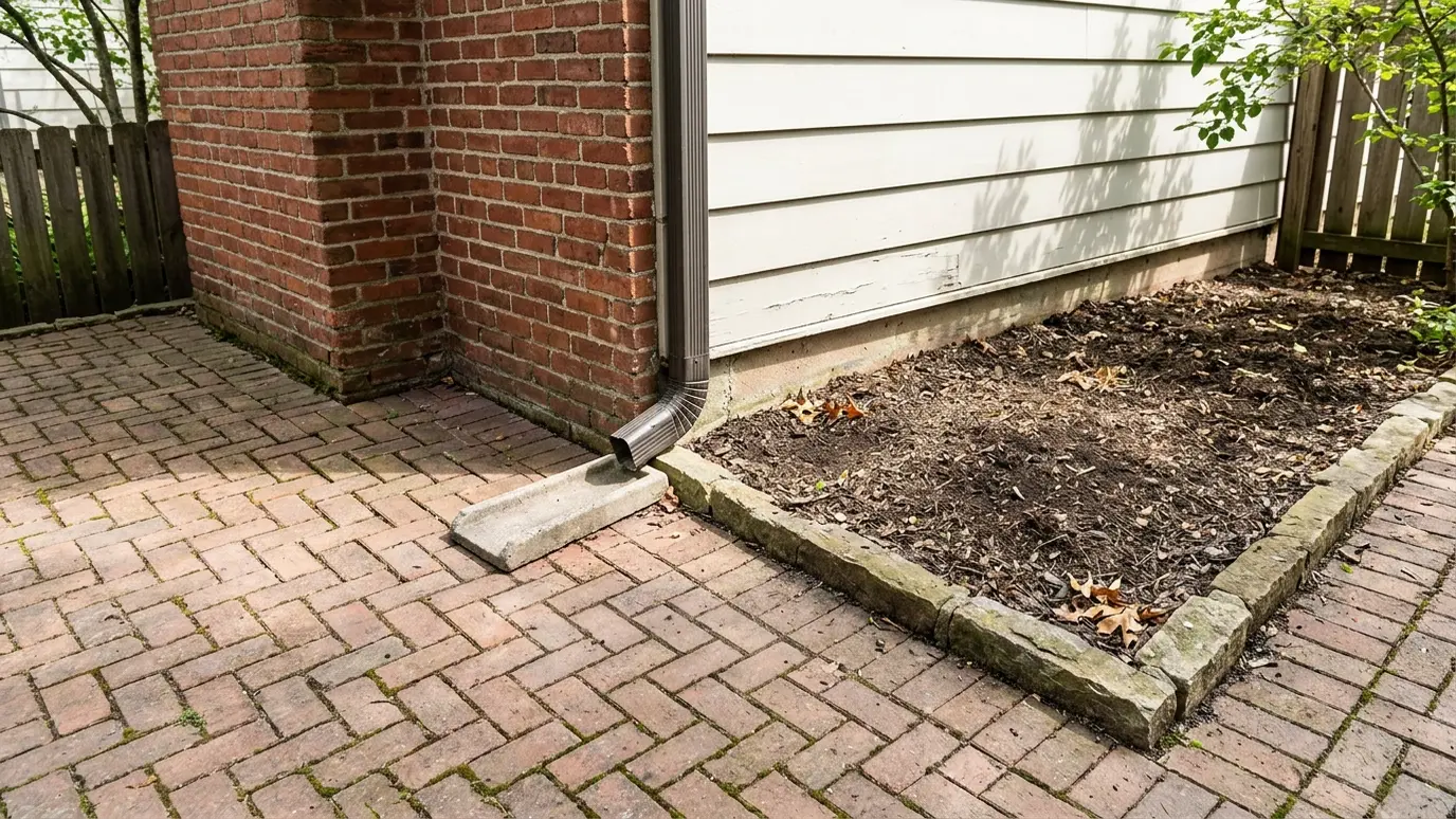 Before: a patio corner with a dull empty planting bed beside a downspout