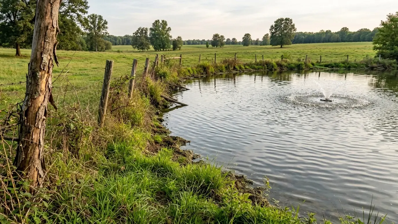 After: a farm pond beside a pasture fence with clear aerated water with a gentle fountain aerator and a clean grassy bank