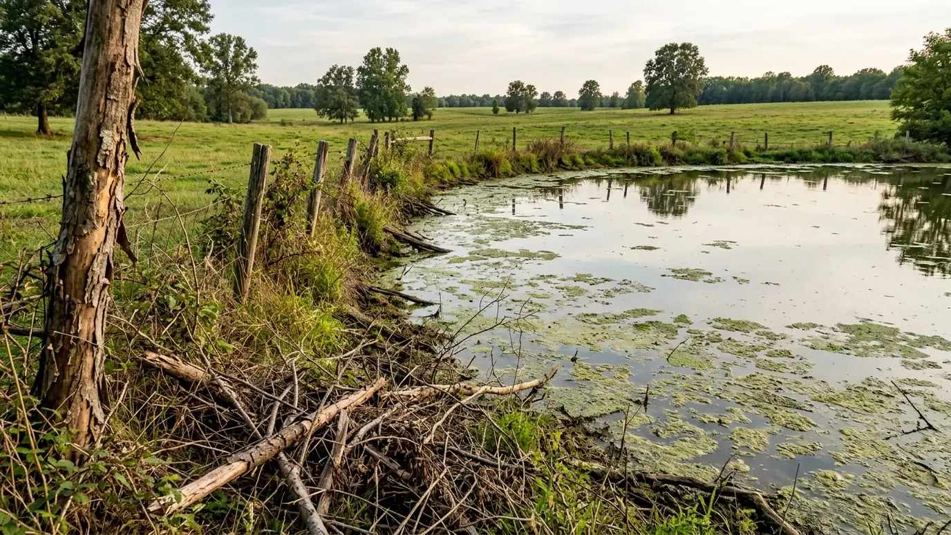 Before: a farm pond beside a pasture fence with green scum and dead brush along the bank