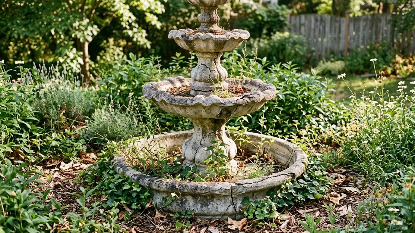 Before: a flower bed with a cracked, stained concrete fountain with weeds in the basin