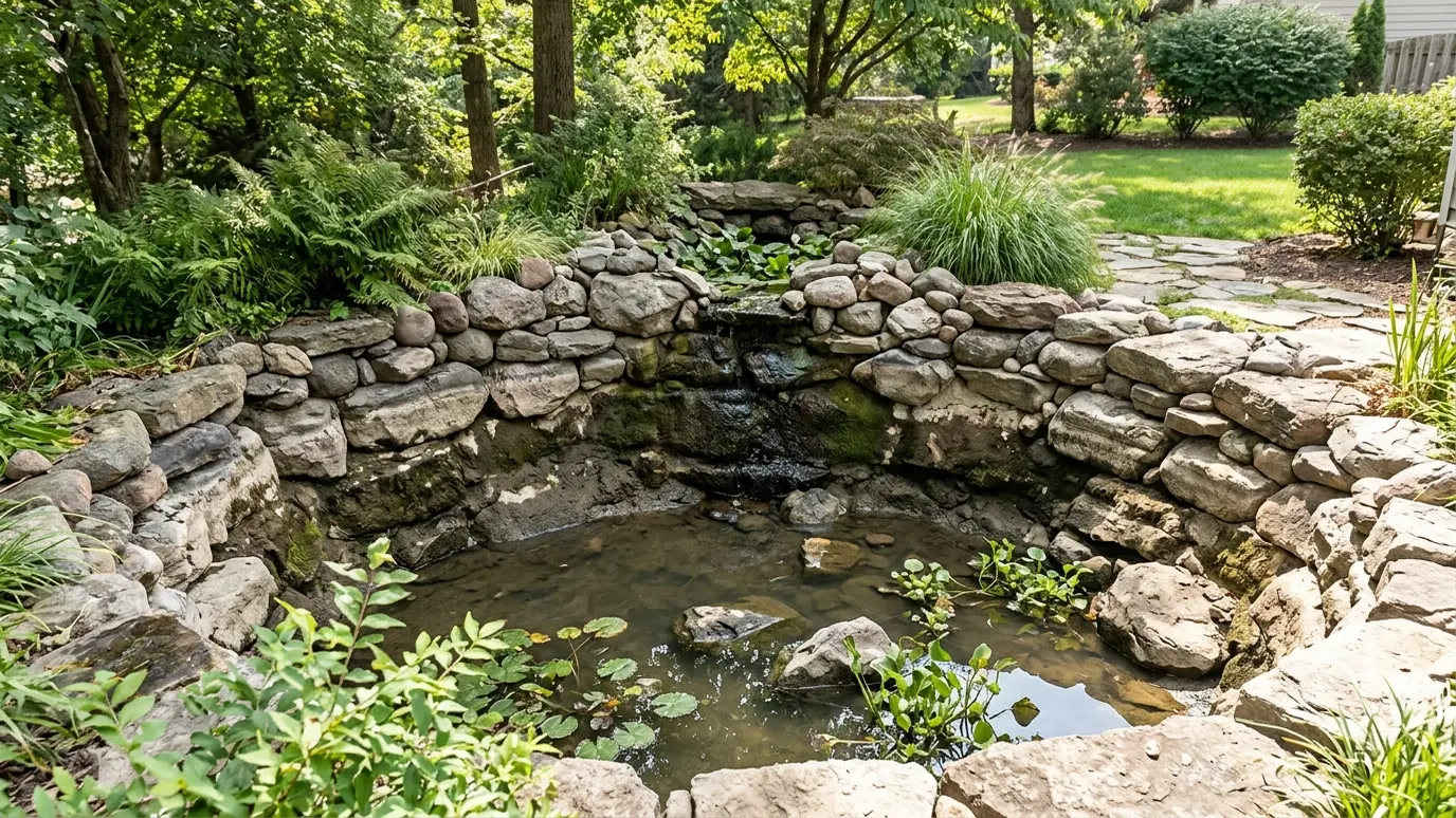 Before: a backyard pond with water far below the edge with dry exposed rocks