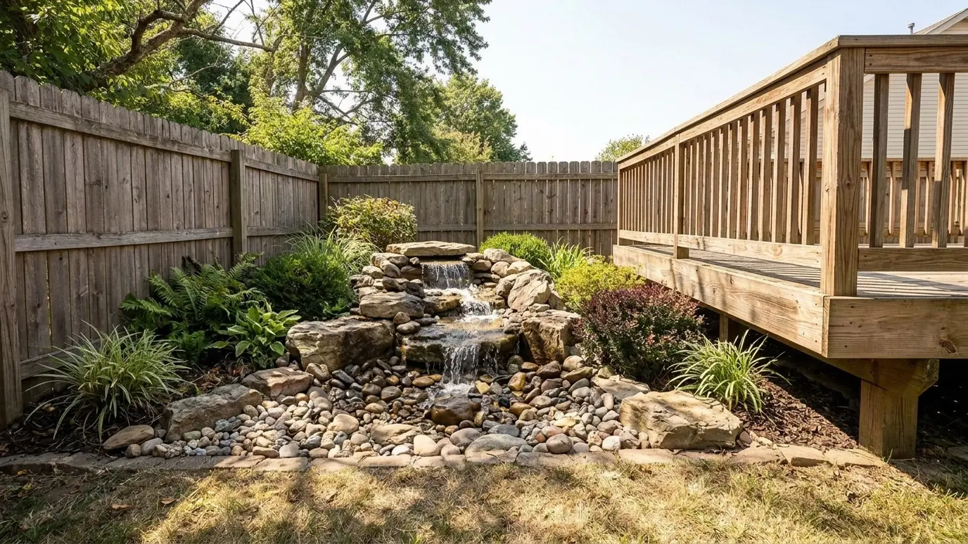 After: a yard corner beside a deck with a pondless waterfall over layered boulders into a river rock basin