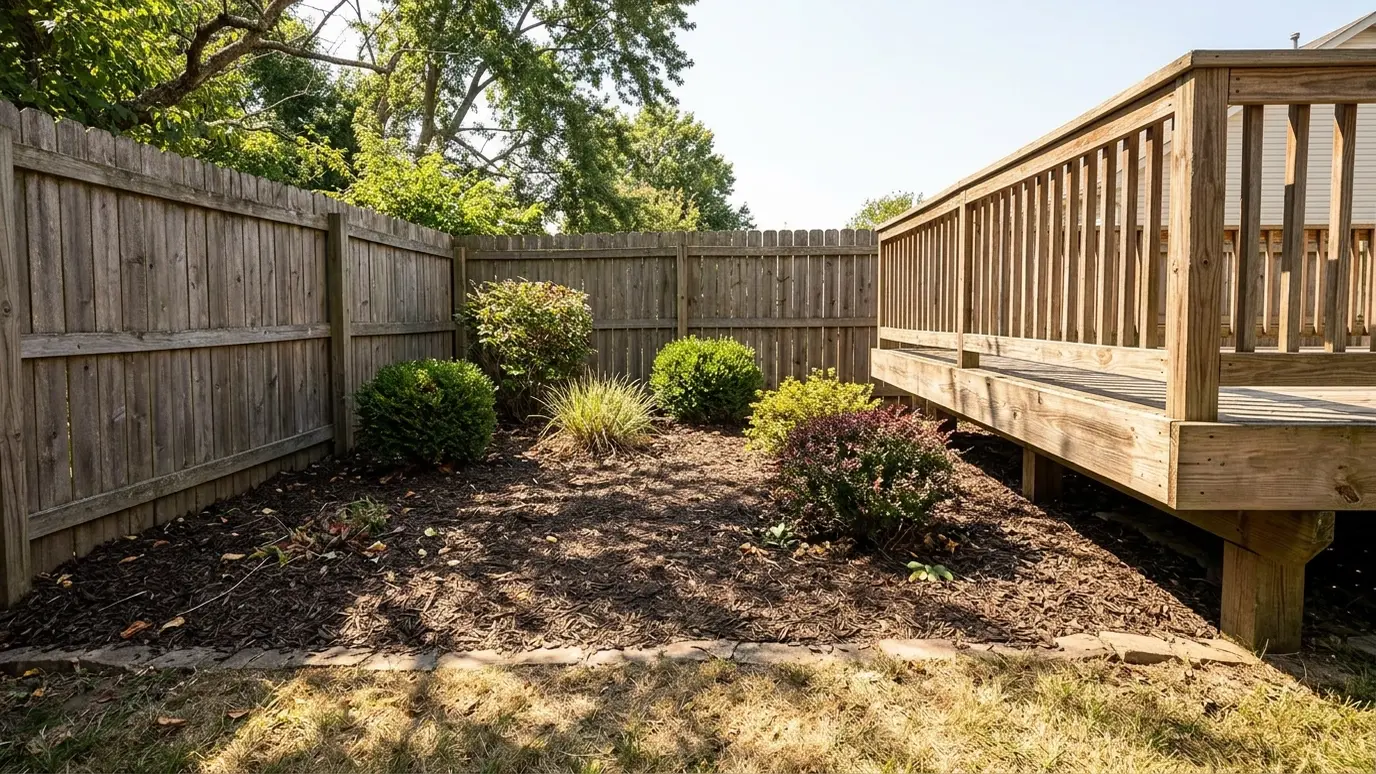 Before: a yard corner beside a deck with a flat patch of mulch and a few shrubs
