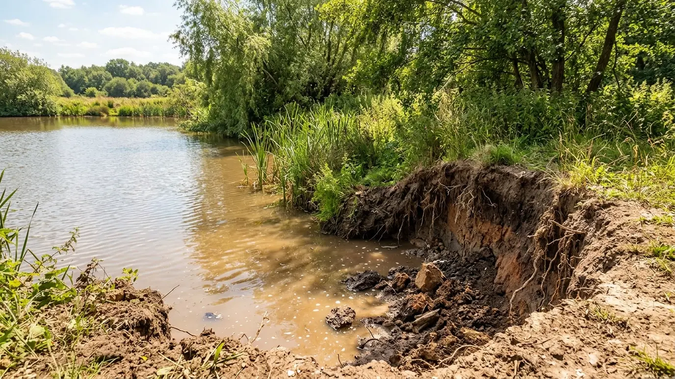 Before: a pond bank with eroded bare soil, a collapsed edge and muddy water