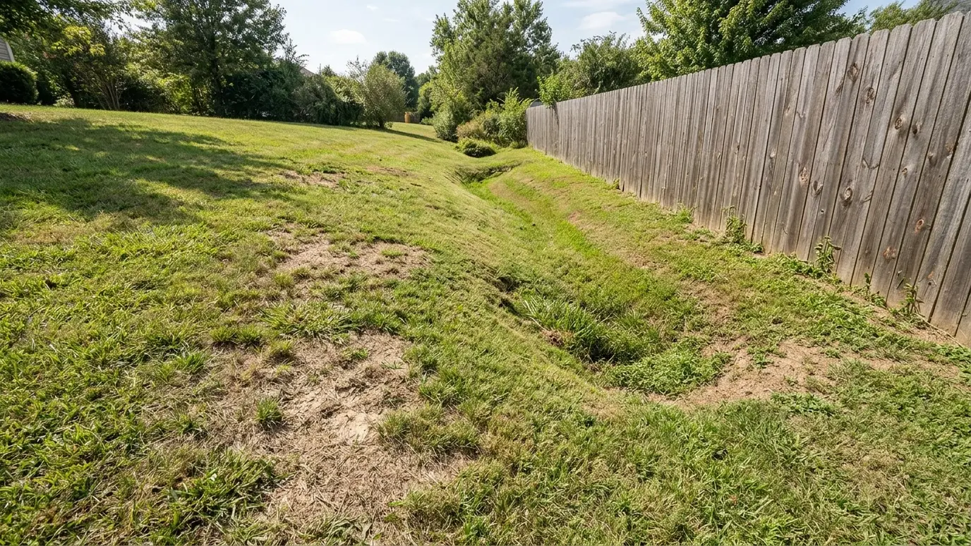 Before: a sloped lawn beside a fence with a drainage dip and bare patches