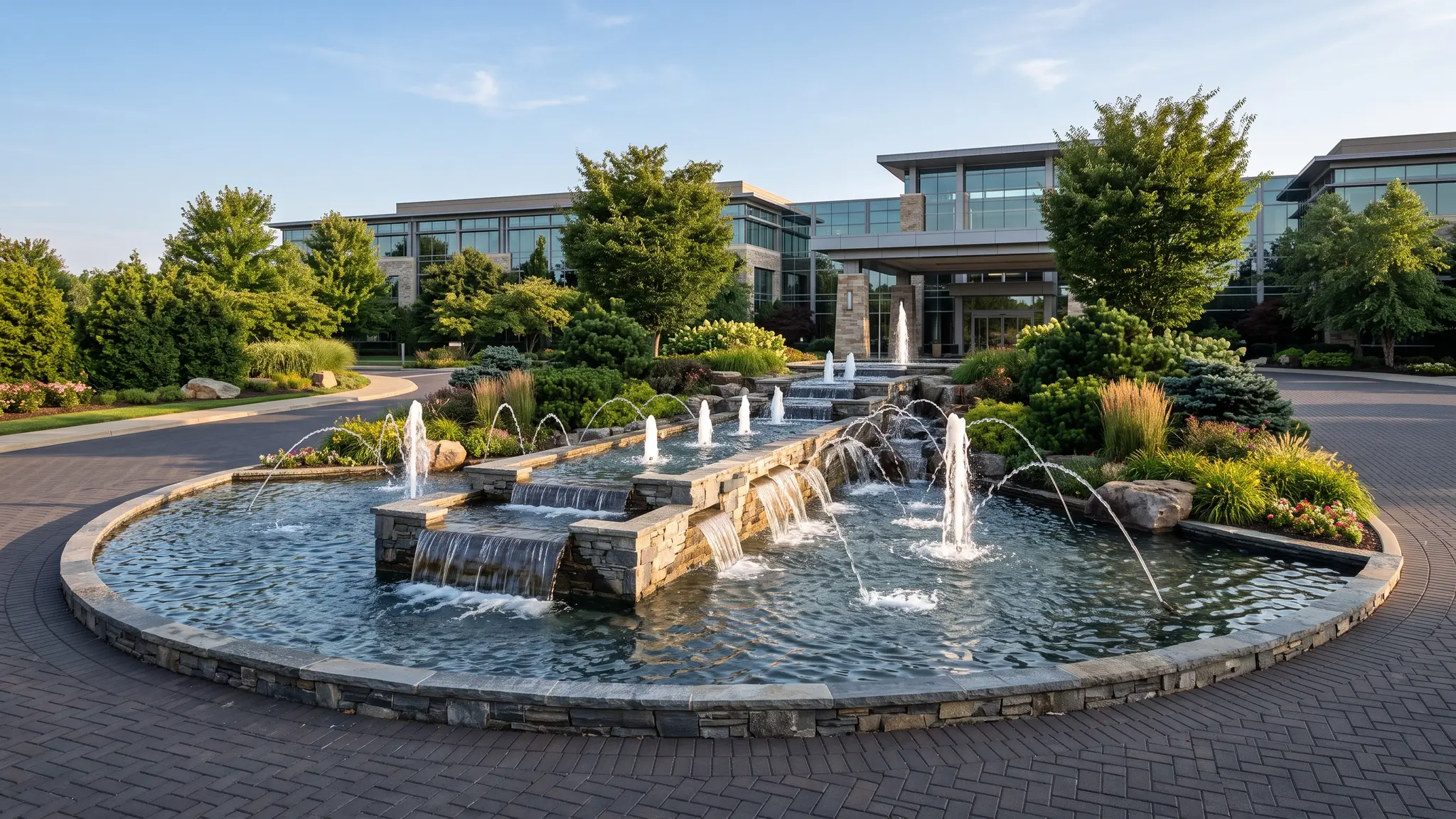 A large commercial entrance water feature at a hotel or office park with a long stone spillway, jets and landscaping under a clear afternoon sky