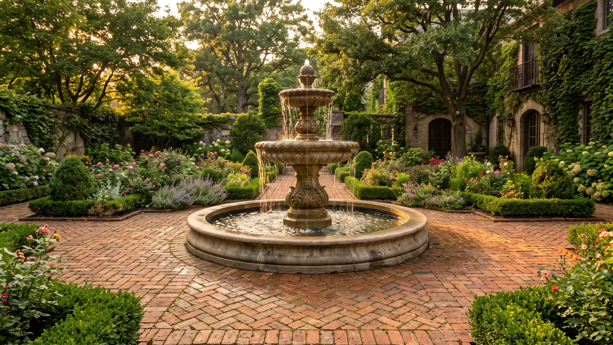 An elegant tiered stone fountain in the center of a landscaped courtyard with a brick patio and flower beds in warm evening light