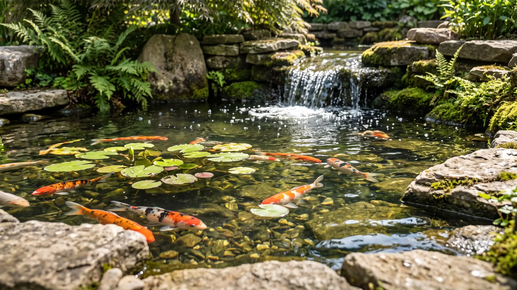 A clear koi pond seen from a low angle with orange, white and black koi swimming beneath floating lily pads beside a small bubbling waterfall