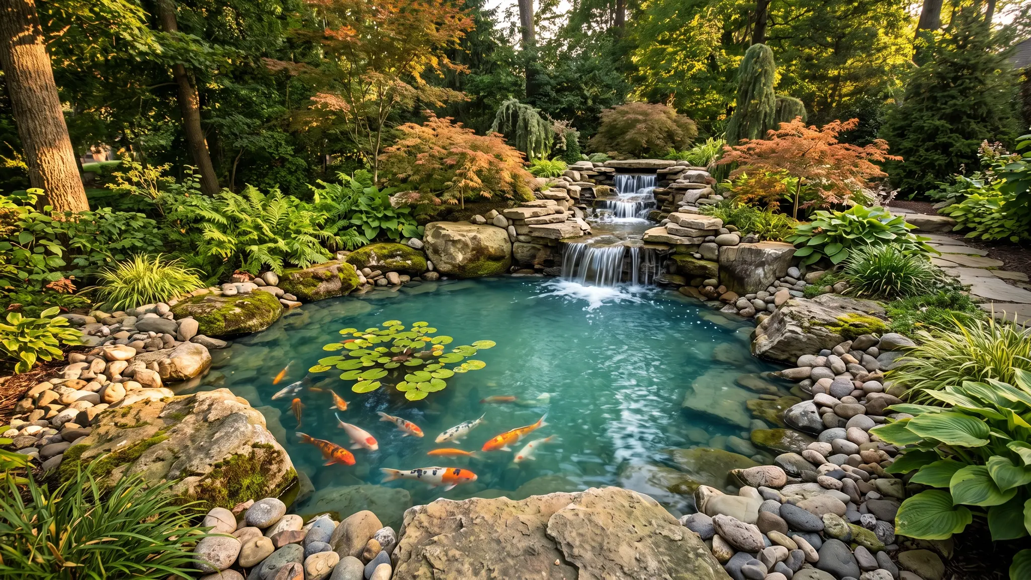 A custom backyard pond with clear turquoise water, lily pads, large boulders, a cascading waterfall and koi near the surface in late afternoon light