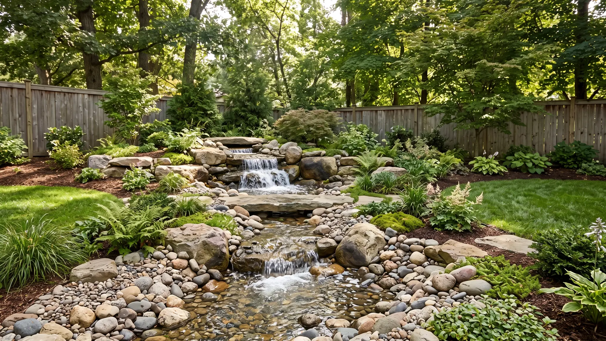 A collection of finished water features in one landscaped garden: a koi pond, a bubbling boulder, a wall fountain and a small stream in soft golden light