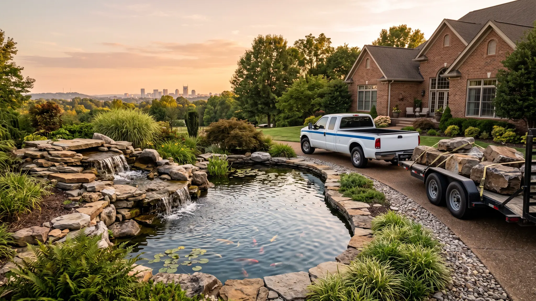 A backyard koi pond with a natural stone waterfall at golden hour beside a Tennessee brick home, with a white work truck towing a trailer of boulders parked at the edge of the driveway