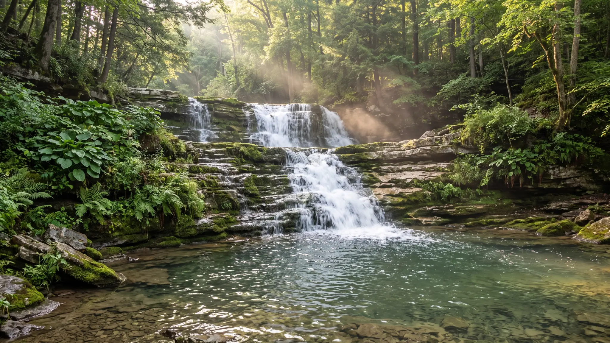 A tall natural stone waterfall tumbling over layered limestone ledges into a clear pool with ferns and hostas on the banks