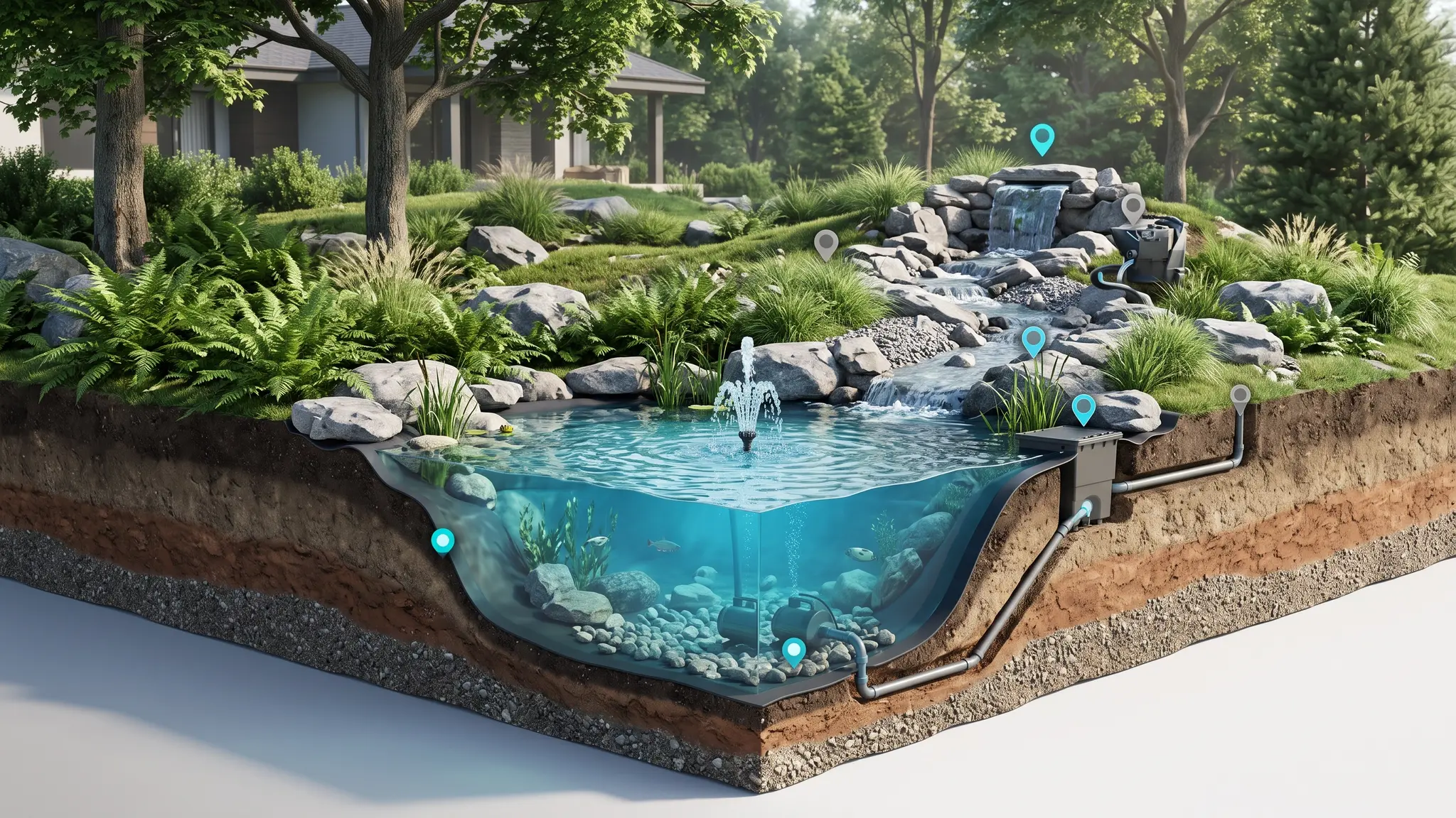 A cutaway illustration of a Tennessee backyard showing a pond in cross section with liner, pump, skimmer, a biofalls waterfall, a stream and a fountain, in aqua blue and stone gray tones