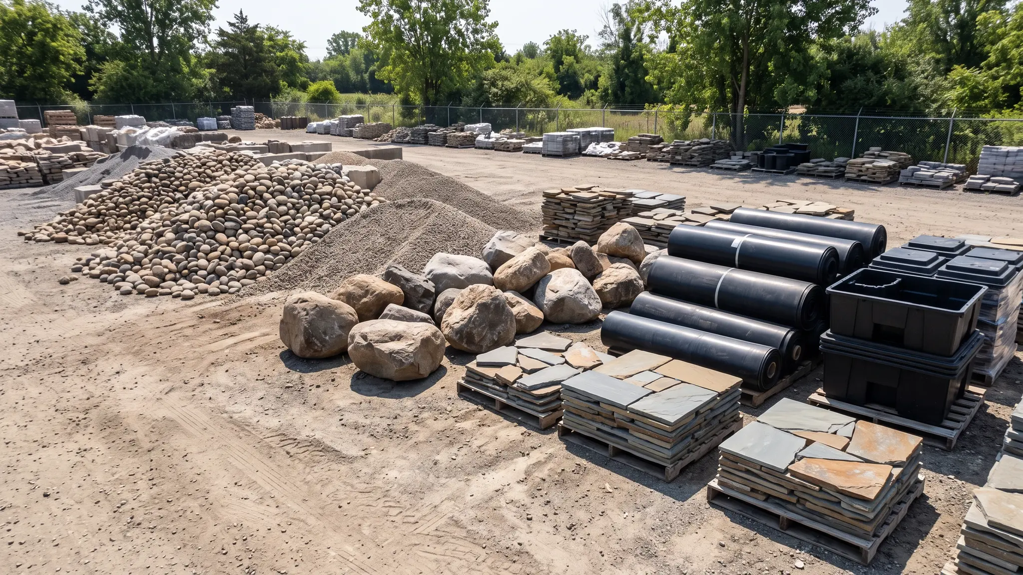 A stone yard with piles of river rock, boulders, flagstone and gravel beside rolls of pond liner and stacked skimmer boxes