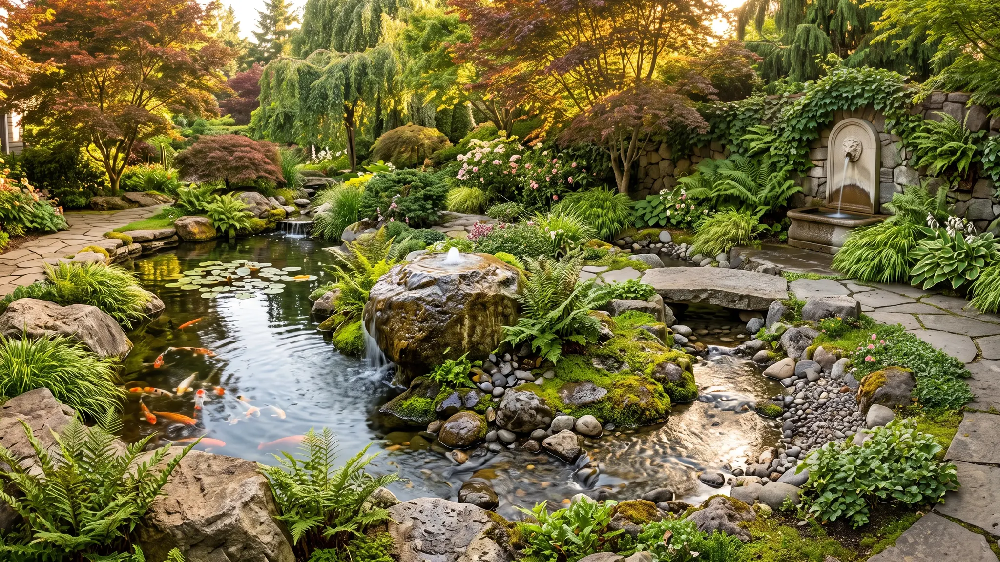 A collection of finished water features in one landscaped garden: a koi pond, a bubbling boulder, a wall fountain and a small stream in soft golden light
