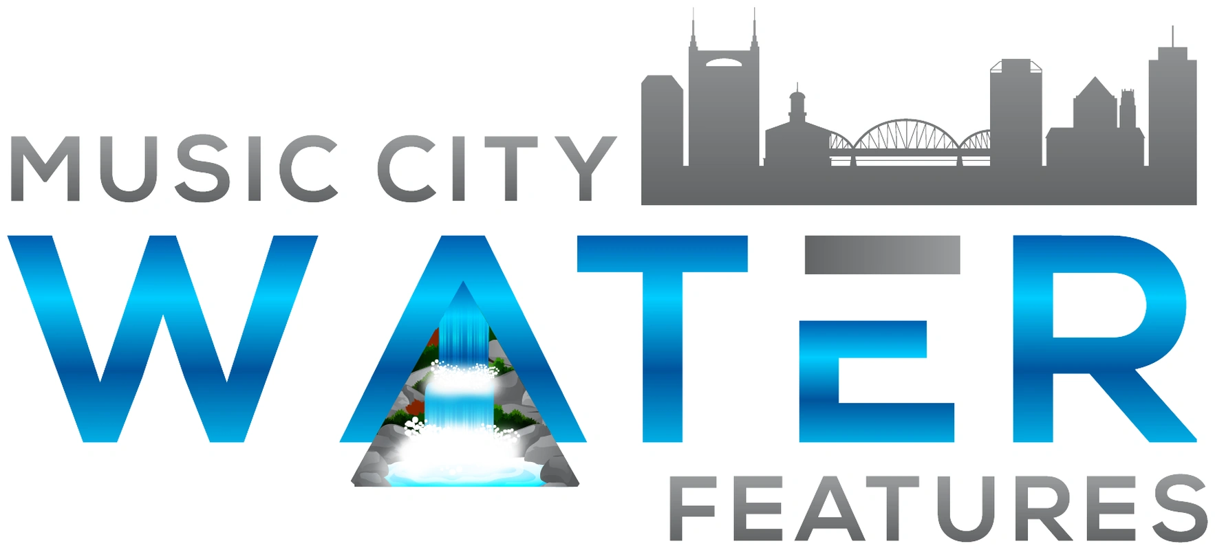 Music City Water Features logo: the words Music City and Features in gray around a large blue Water, with the Nashville skyline above and a small waterfall inside the letter A