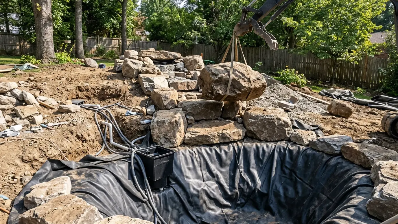 Build and set Large boulders forming a waterfall beside a lined pond with a skimmer box and plumbing visible
