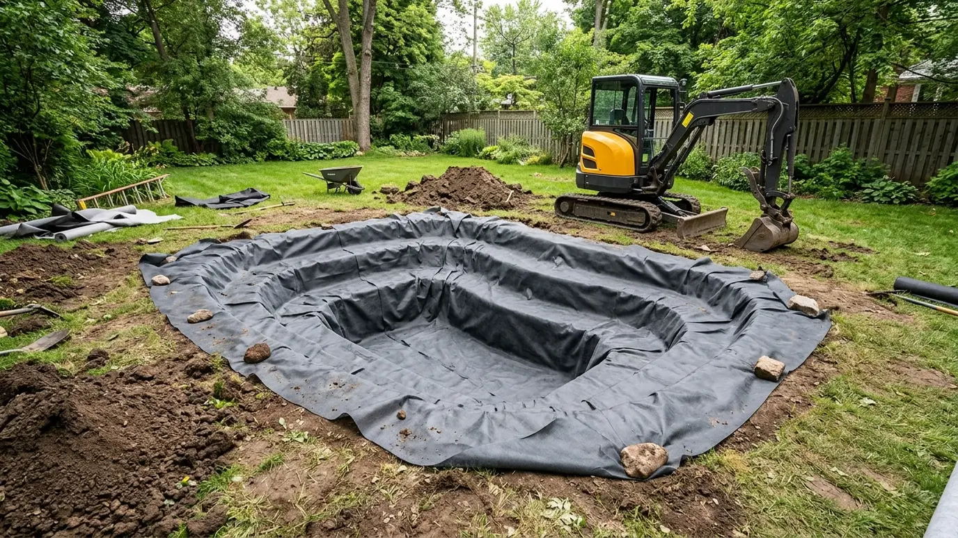 Dig and shape A freshly excavated pond hole with shaped shelves lined with underlayment and a mini excavator beside it
