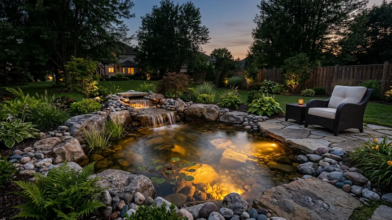 Start up and enjoy A finished backyard pond at dusk with underwater lights glowing, a gentle waterfall and a patio chair beside it