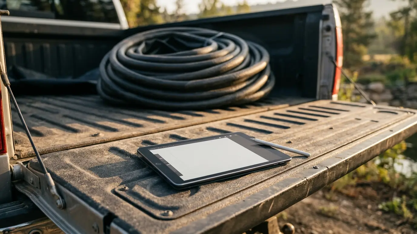 Quote and schedule A tablet with a blank design sketch and a pen on a truck tailgate with a coil of pond liner out of focus
