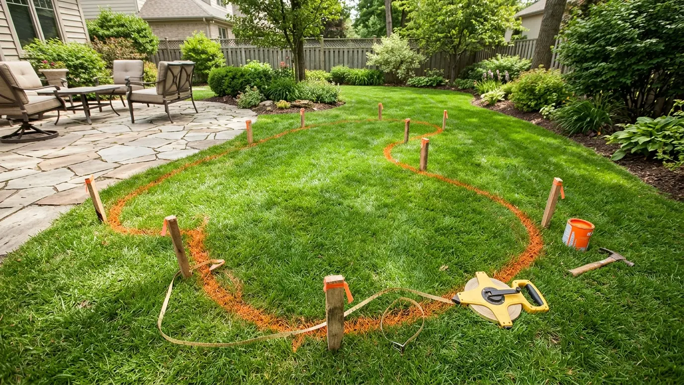 Visit and plan A tape measure, marking paint outline and wooden stakes on a lawn showing the shape of a future pond beside a patio