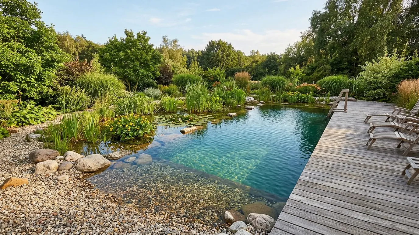 A natural swimming pond with a gravel beach edge and a planted regeneration zone beside a deck
